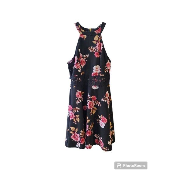 NWOT NO BOUNDARIES PINK/BLACK FLORAL SMALL HALTER NECK SLEEVELESS DRESS - Picture 1 of 4